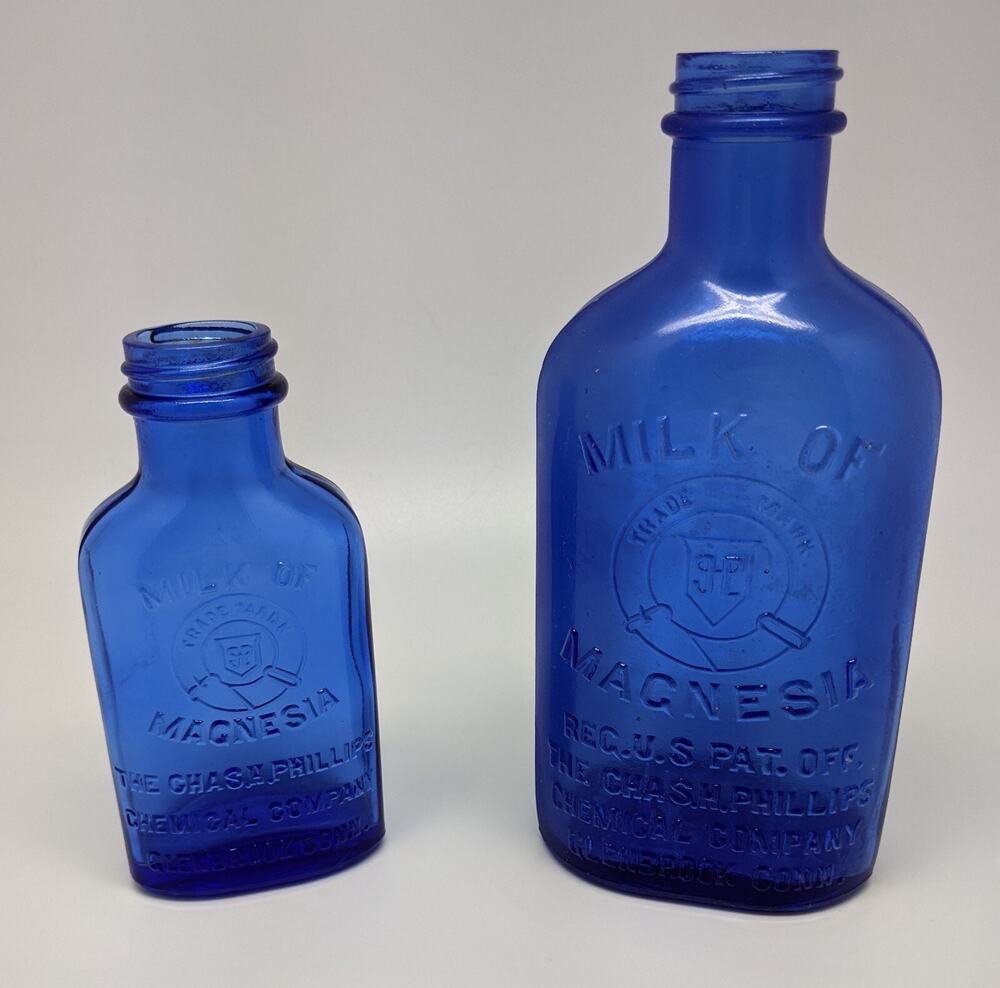 7" & 5" Vintage Cobalt Blue Phillips Milk of Magnesia Embossed Bottles (NO CAPS)